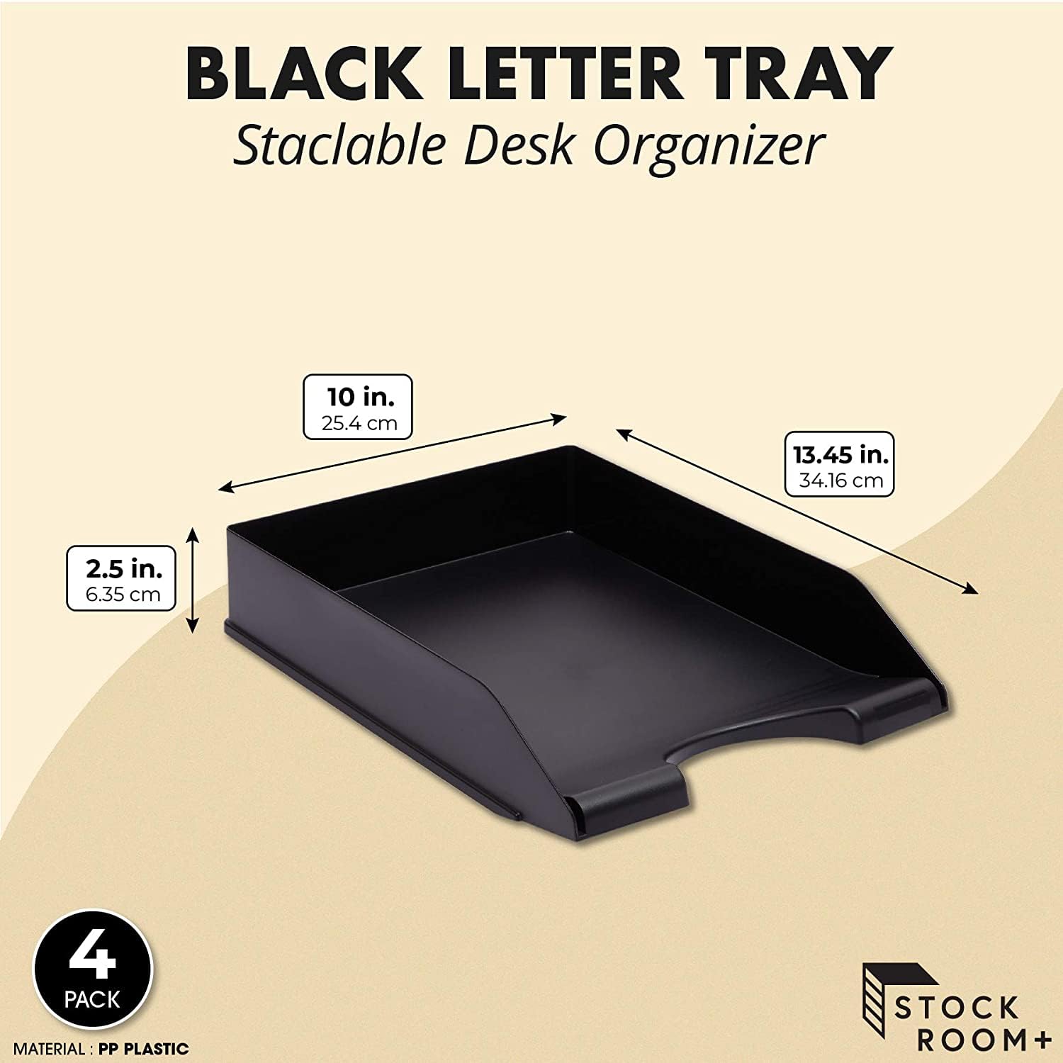 Stockroom Plus Letter Tray - Stackable Desk Organizer Trays - Desktop File Organizer - Mail & Document Storage - Pack of 4, Black, 10 x 13.5 x 2.5 in