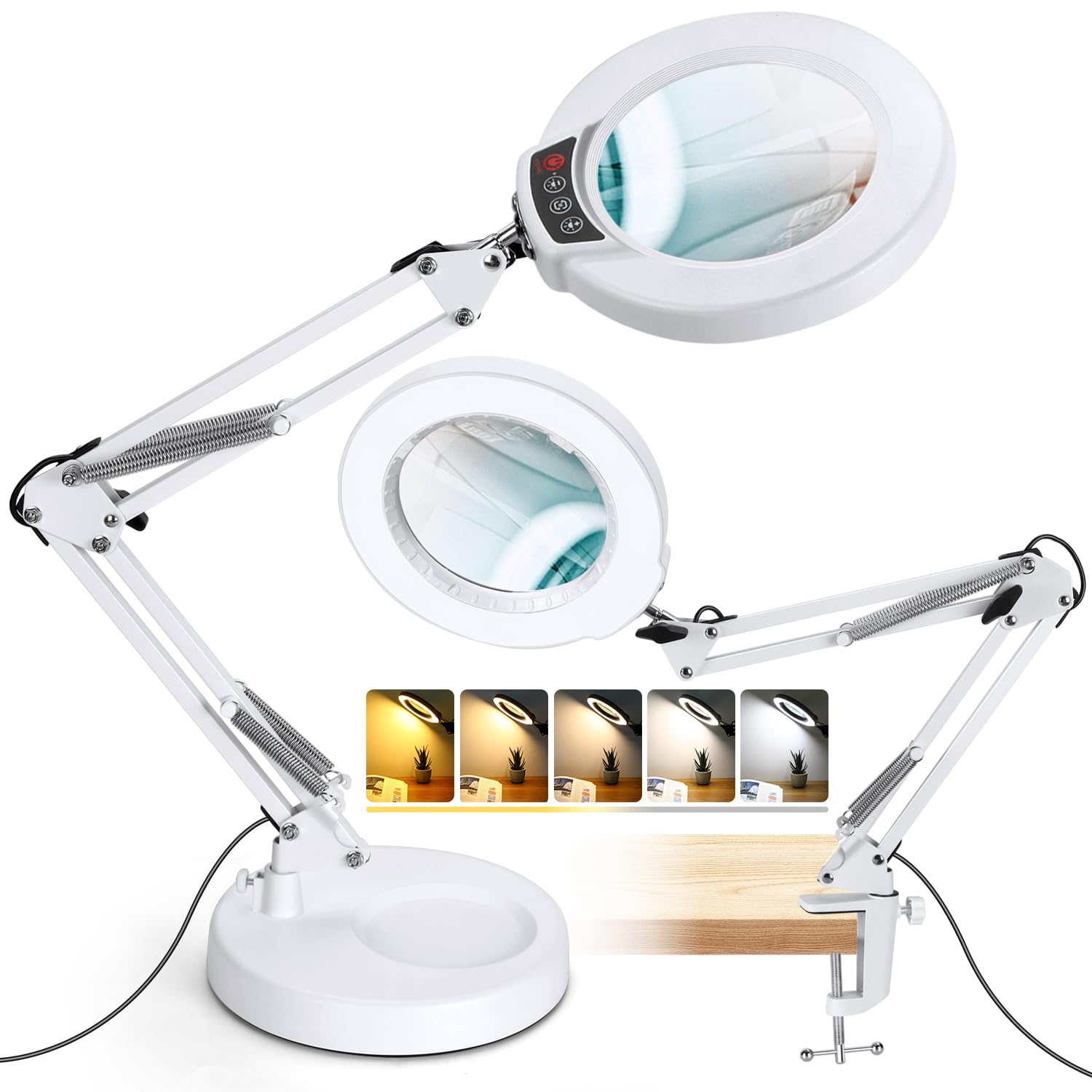 12X Magnifying Glass with Light and Stand, Real Glass, 5 Color Modes, Brightness Stepless Dimmable Lighted Magnifier Hands Free, 2-in-1 Desk Lamp & Clamp Light, Magnifier Lamp for Close Work, Reading