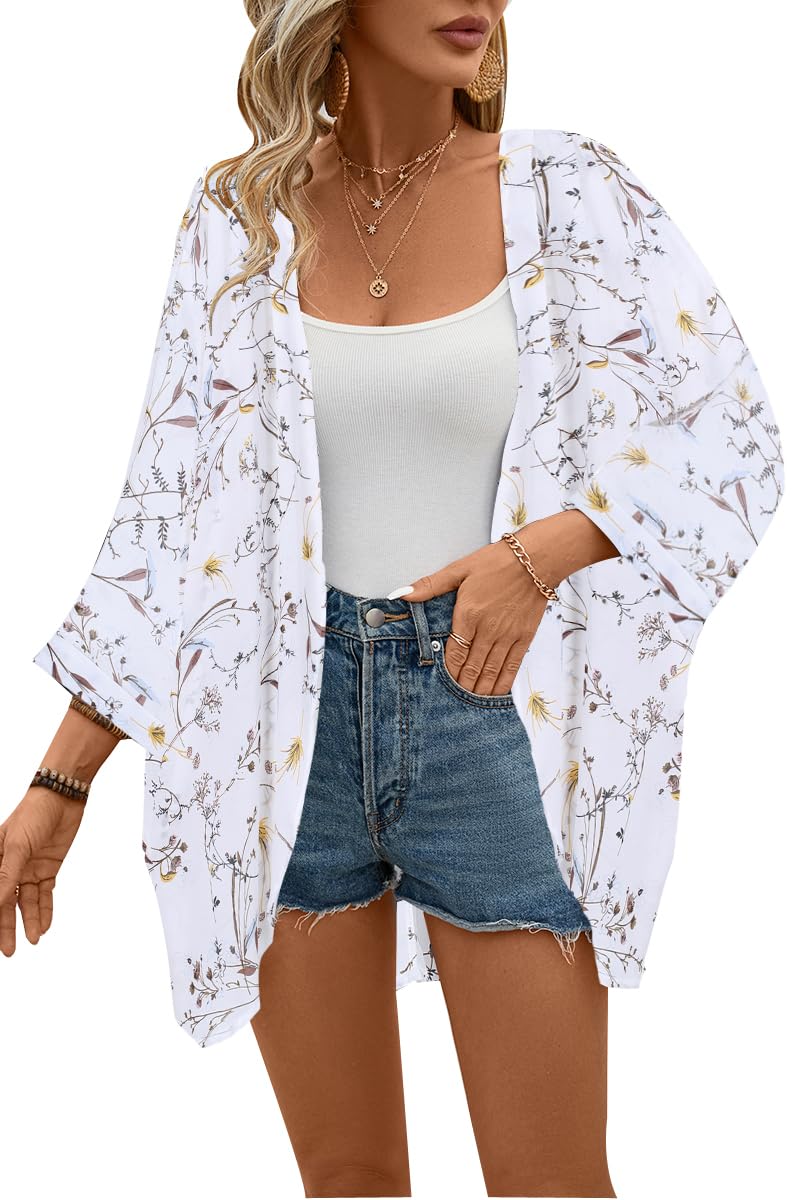 olrain Women's Floral Print Sheer Chiffon 3/4 Bat Sleeve Casual Loose Kimono Cardigan Capes