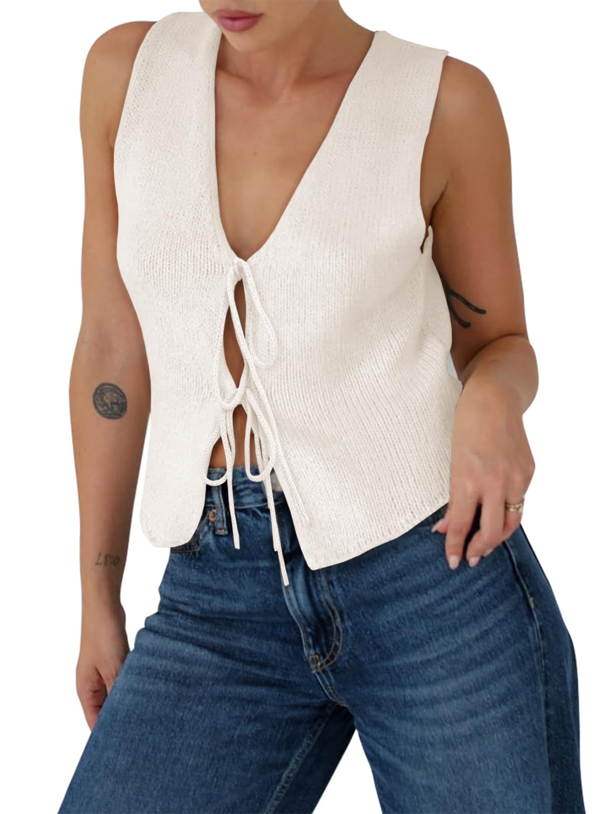 Yousify Womens Sweater Vests Tie Front Knit Vest Summer Ribbed Tank Tops Y2k Cute Vests Fashion Casual Sleeveless Tops