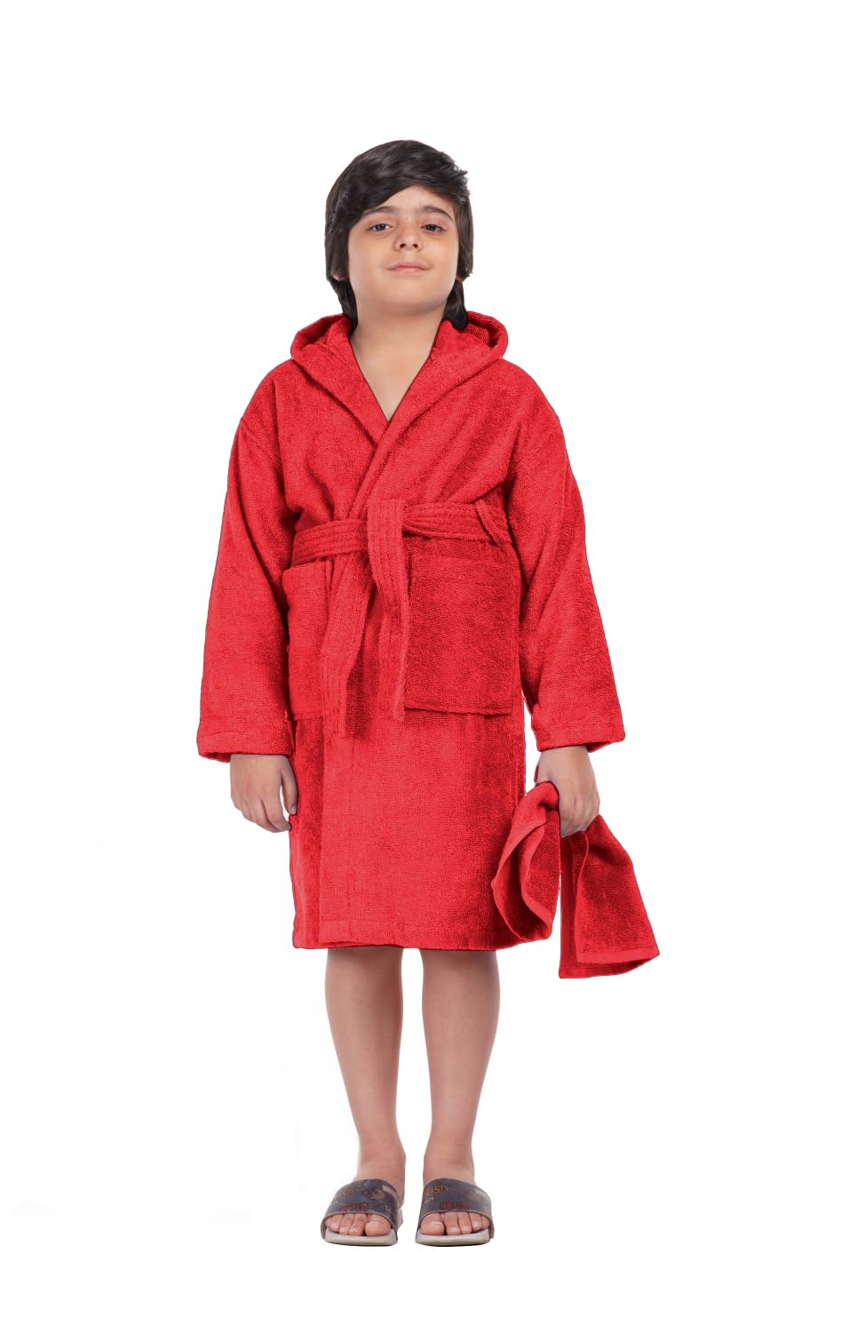 ALLEN & MATE 100% COTTON Hooded Kids Bathrobe – Soft, Medium Weight Absorbent Bath Towel Robe for Boys & Girls, 6-15 Years