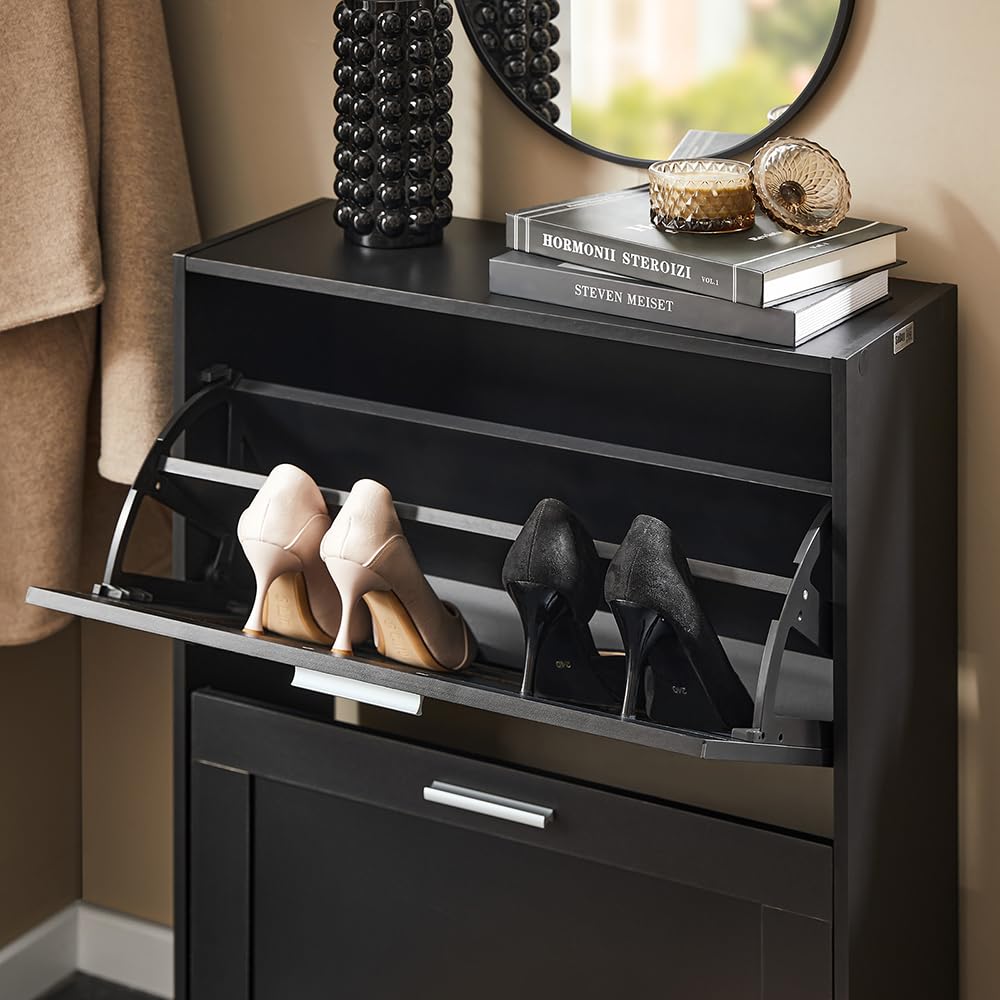 Haotian Shoe Cabinet Storage for Entryway, Narrow Shoe Cabinet with Two Flip Drawers to Save Space, Shoe Rack Cabinet for Front Door Entrance Hallway (Black)