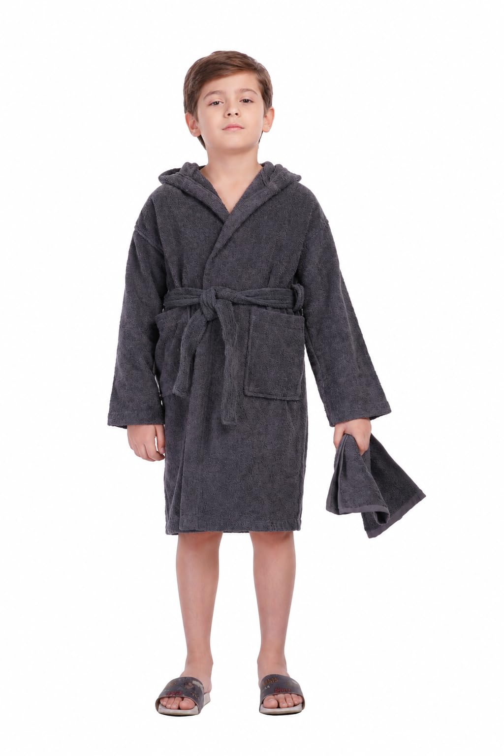 ALLEN & MATE 100% COTTON Hooded Kids Bathrobe – Soft, Medium Weight Absorbent Bath Towel Robe for Boys & Girls, 6-15 Years