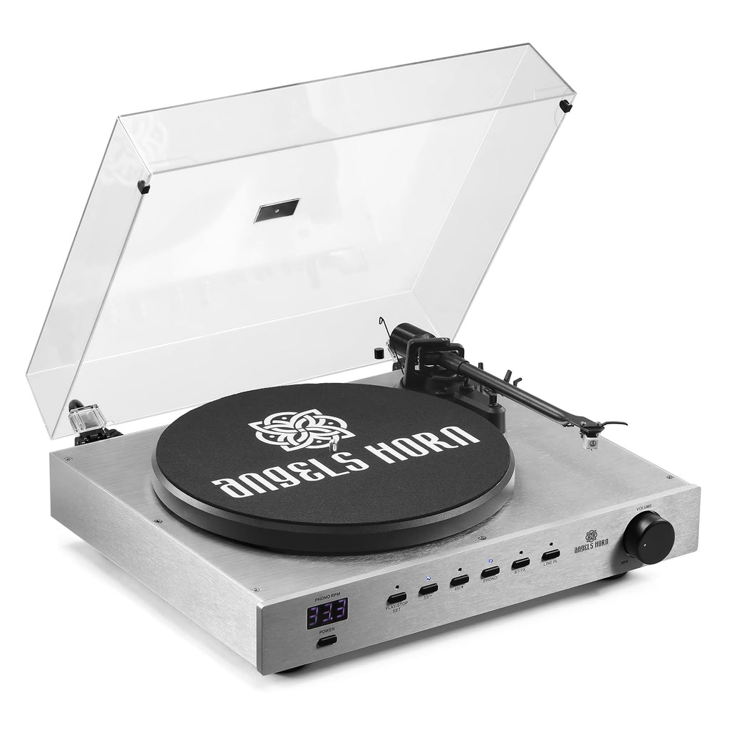 ANGELS HORN Bluetooth Turntable with Speakers, Vinyl Record Player System with AT-3600L, Built-in Phono Preamp, Belt Drive 2-Speed, Adjustable Counterweight, Pitch Control Hi-Fi Record Player System