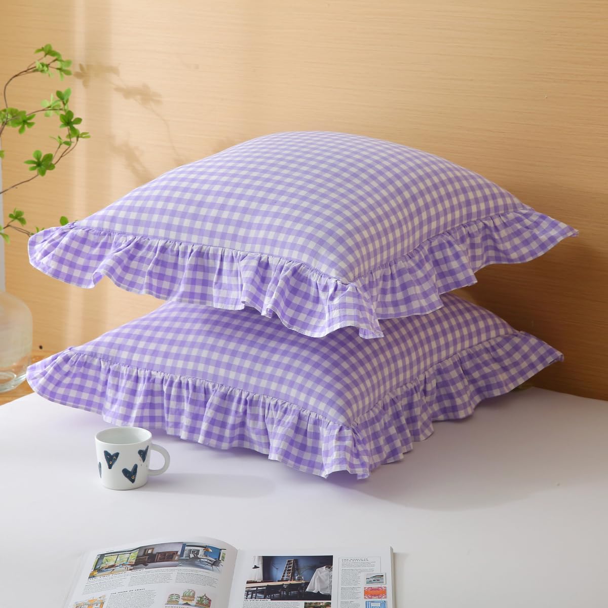 Silnuo Green/White Plaid Ruffled Queen Size Pillow Shams Set of 2,Washed Cotton Shabby Checkered Gingham Farmhouse Bed Pillow Covers 20"x30"