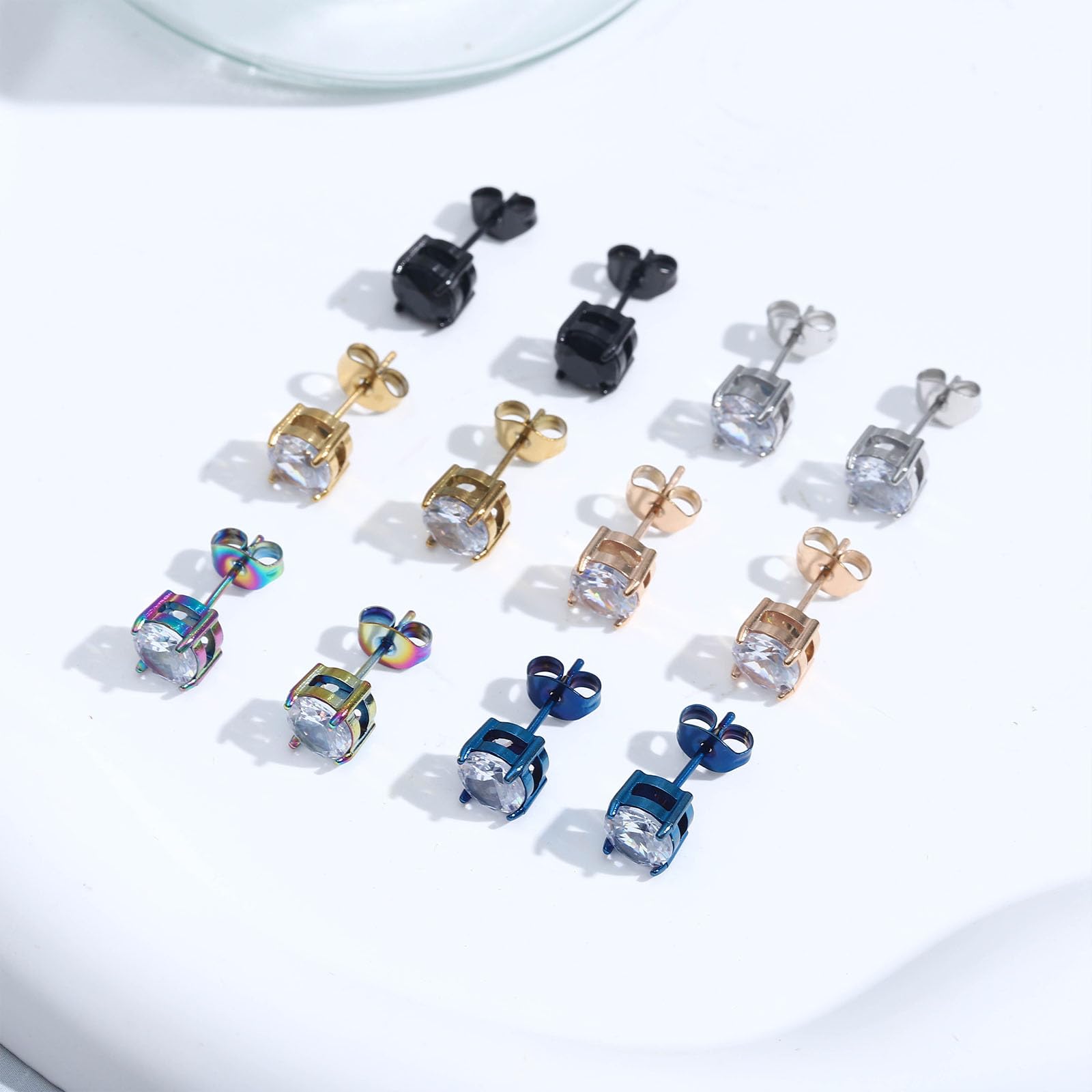 NEWITIN 12 Pairs Stainless Steel Stud Earrings for Men Hypoallergenic Earring Unisex Studs Inlaid Cubic Zirconia Men Earrings Hoop CZ Stud Earring Set for Women