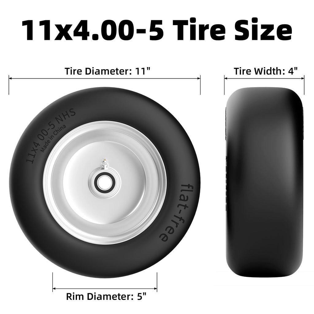 RONPOW 11x4.00-5 Lawn Mower Tires Flat Free and Wheel, 11x4-5 Solid Front Tires for Zero Turn Mower, 350Lbs Load, 3/4", 5/8" and 1/2" Bearings, 3.4"-5.8" Hub for Residential Commercial, 2Pack Gray