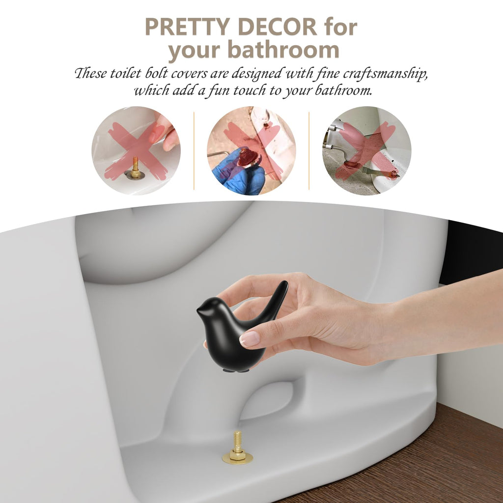 MENNTY Black Polar Bear Toilet Bolt Covers Decorative - 2 Glossy Black Ceramic Toilet Bolt Caps + 4 Universal Toilet Caps for Bottom of Toilet, Modern Monochrome Bathroom Decor