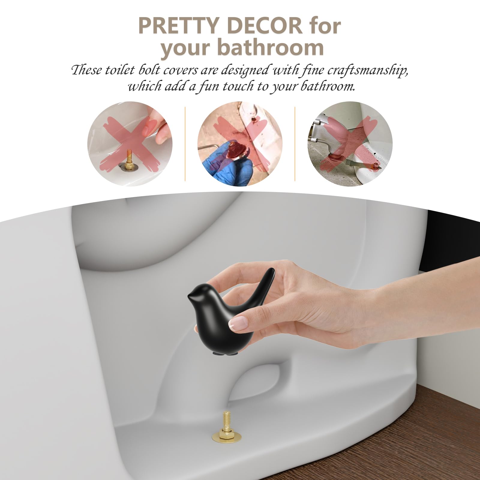 MENNTY Black Polar Bear Toilet Bolt Covers Decorative - 2 Glossy Black Ceramic Toilet Bolt Caps + 4 Universal Toilet Caps for Bottom of Toilet, Modern Monochrome Bathroom Decor