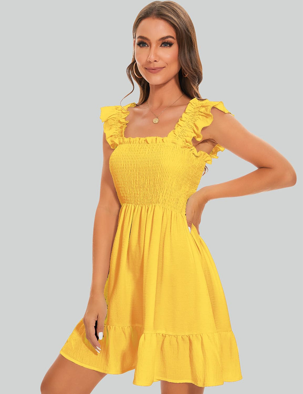 ROYLAMP Women's Smocked Dresses Square Neck Elegant Tiered Boho Ruffle Shoulder Swing Flowy Summer Casual Mini Dress