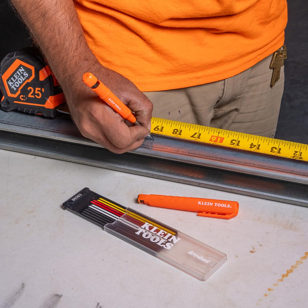 Klein Tools 86501 Skribes 2.8 mm Mechanical Carpenter Pencil with Built-In Sharpener, 4 Refills, and Deep Hole Marking for Woodworking and Construction