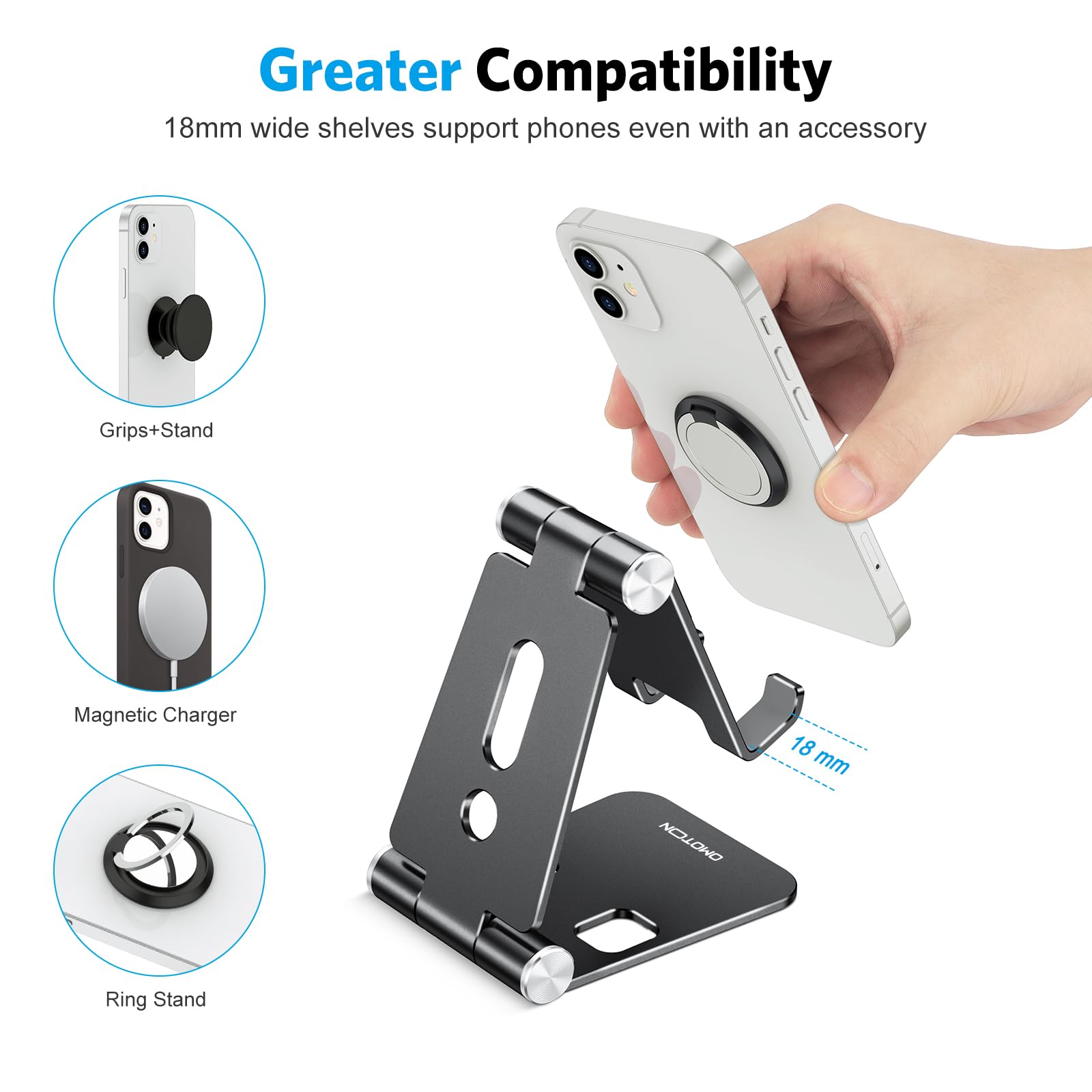 OMOTON Foldable Cell Phone Stand, C4 Portable Aluminum Phone Holder, Adjustable Phone Dock Cradle for iPhone 17/16/15 Pro Max Air, Small Tablets, All Smart Phones for Women Men Gift, Silver