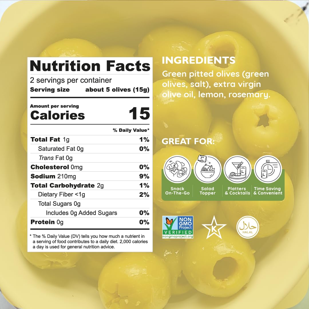 POSHI Green Pitted Olives - Basil & Garlic | Vegan, Kosher, Gluten Free + Keto Friendly, Fresh, Low Calorie Healthy Snacks | (30 Pack, 1.1oz Bags)