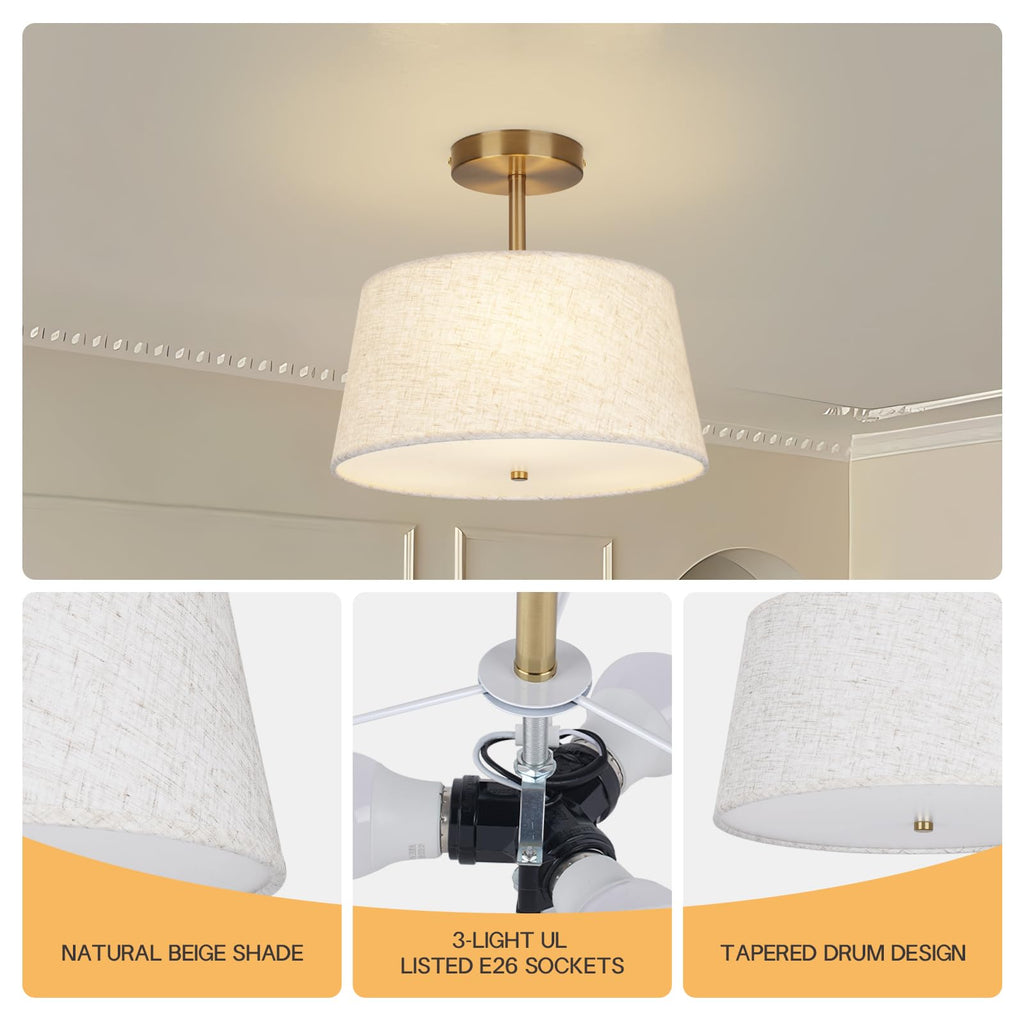 CALOKES Semi Flush Mount Ceiling Light, 11.8" Modern 3-Light Fixture with Petal-Shaped Cream White Fabric Shade and Golden Support Arm, Ideal for Bedroom, Kitchen, Living Room, Hallway, and Entryway