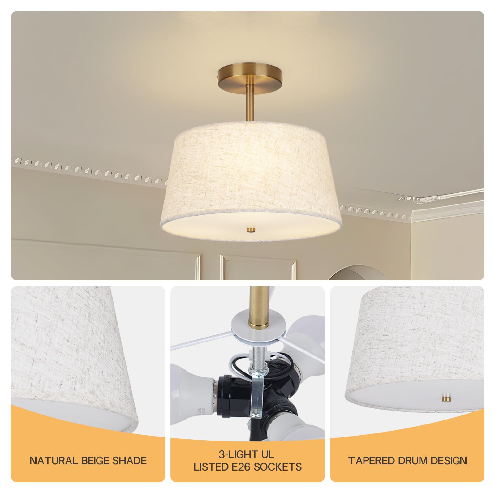 CALOKES Semi Flush Mount Ceiling Light, 11.8" Modern 3-Light Fixture with Petal-Shaped Cream White Fabric Shade and Golden Support Arm, Ideal for Bedroom, Kitchen, Living Room, Hallway, and Entryway