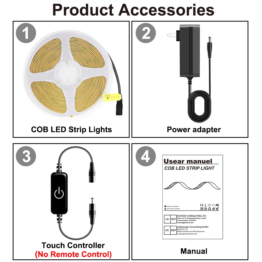 Pandery COB LED Strip,LED Strip Lights 3M/9.84ft,Touch Dimmable LED Strips,CRI90+,2700K Warm White cob led,960LEDs,24V LED Tape Lights,Indoor for Bedroom, Kitchen, TV, Mirror,Cabinet