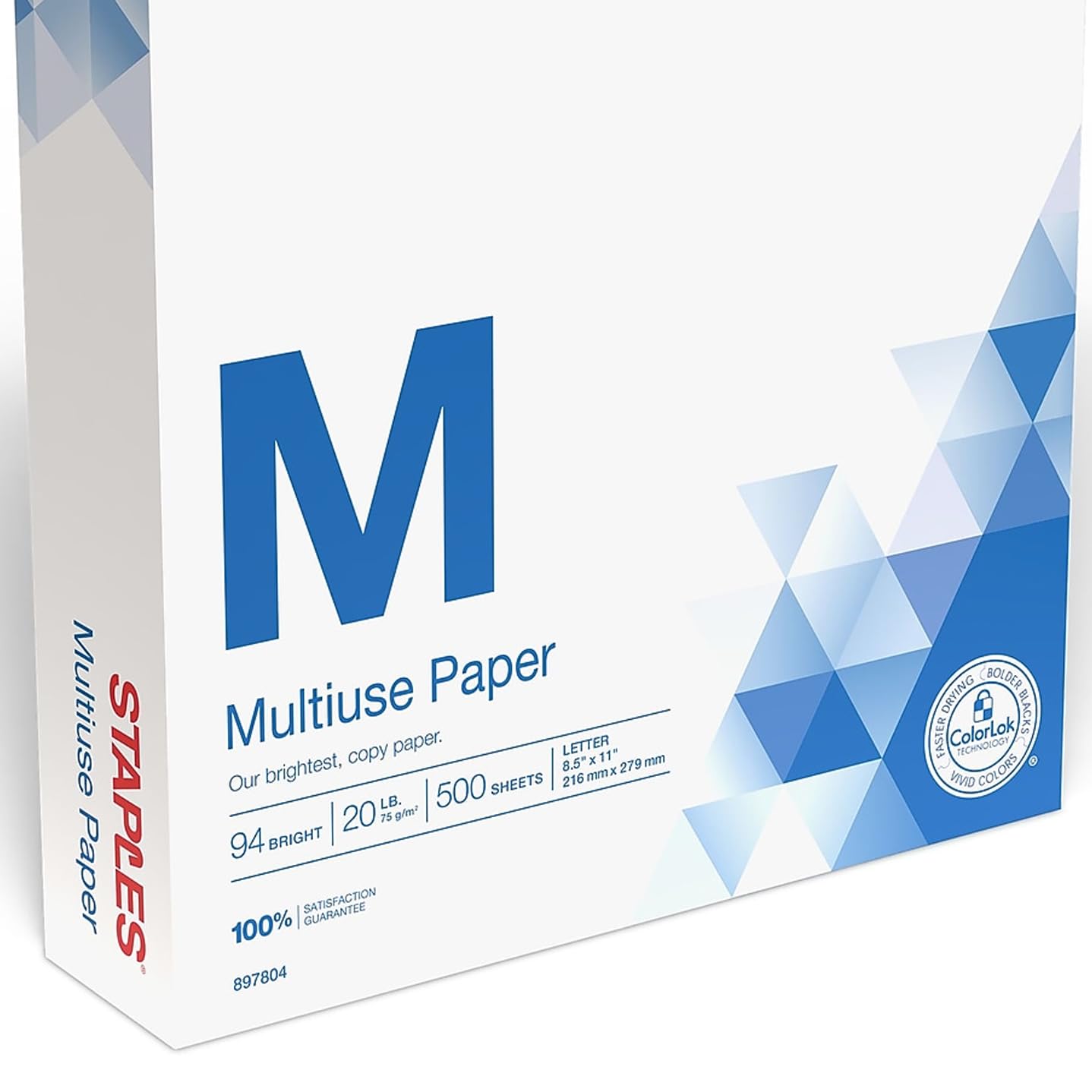 Staples Multiuse Copy Paper, 20 Lb, 94 Bright, 8 1/2" x 11", White, 3-Ream Case, For Office, School & Home