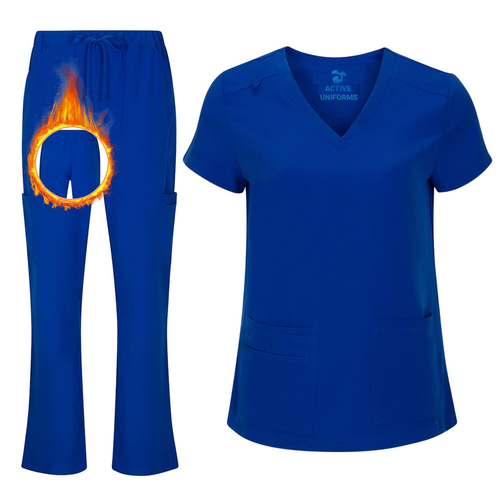 Women's Cool Stretch V-Neck Top and Cargo Pant Scrub Set with Regular and Petite Sizes