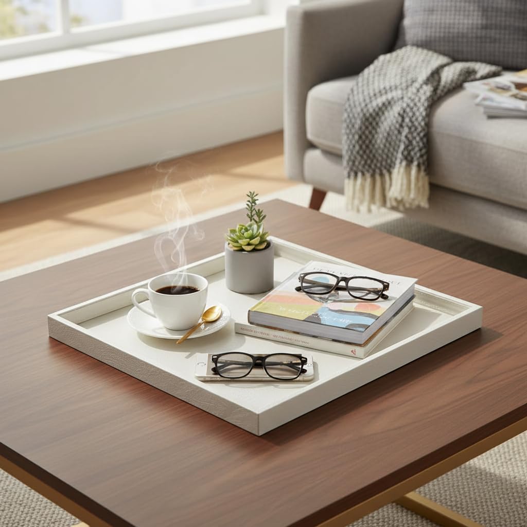 20x20 Inch Square Ottoman Tray - Faux Leather Large Serving Tray for Couch/Coffee Table, Family Dinner, Picnic, Party Decor (Beige)