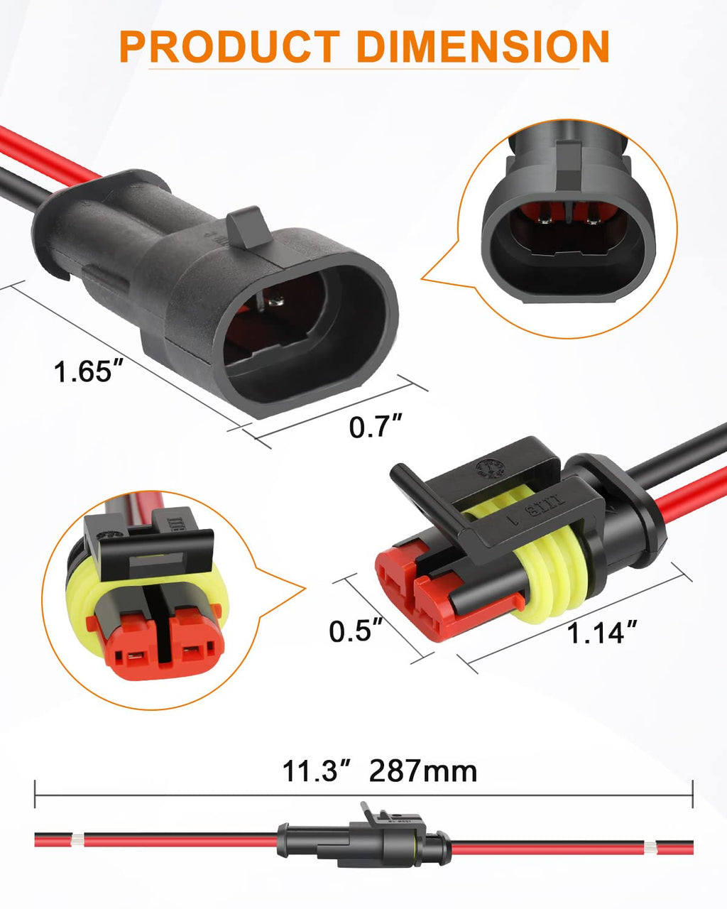 NAOEVO 2 Pin Connector Waterproof, 16 AWG 2 Wire Connectors, Automotive Electrical Male and Female Plug with Heat Shrink Tubing for Car Truck Boat Wire Connection, 6 Kits