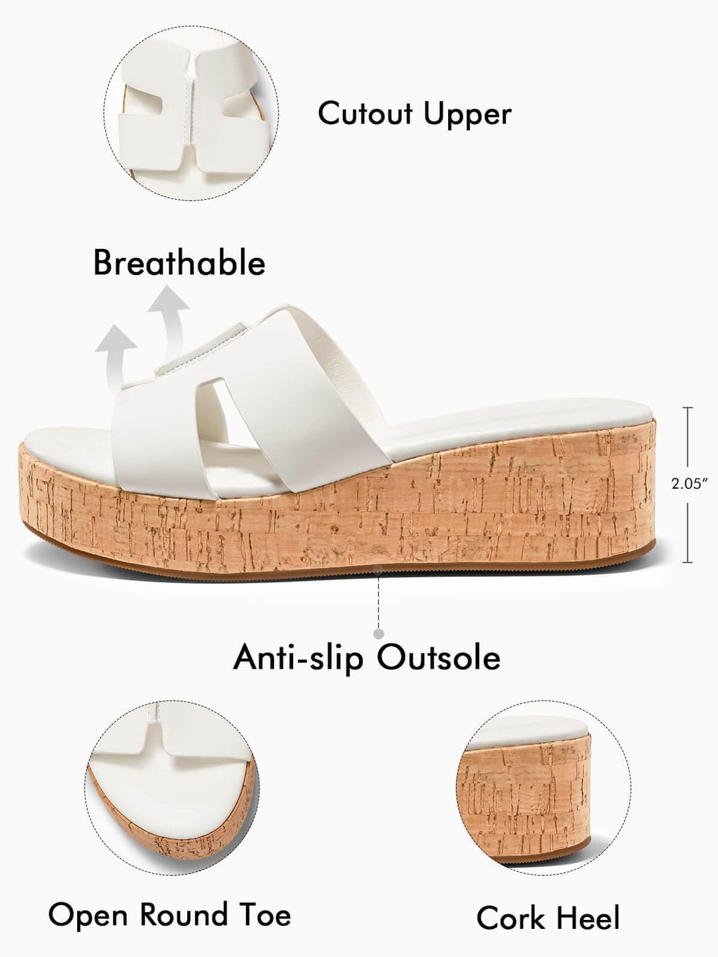 Coutgo Women's Platform Wedge Sandals Open Toe Slip On Slides Cork Heeled Cutout Comfortable Summer Shoes