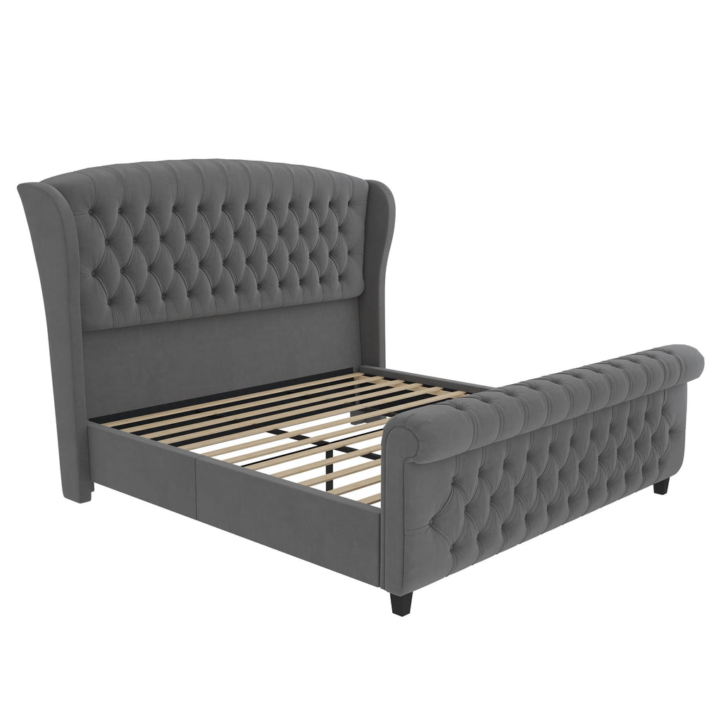 LUXOAK Queen Size Platform Bed Frame, Velvet Upholstered Sleigh Bed with Curved Headboard & Footboard, Deep Button Tufted, Wood Slats Support, No Box Spring Needed, Black