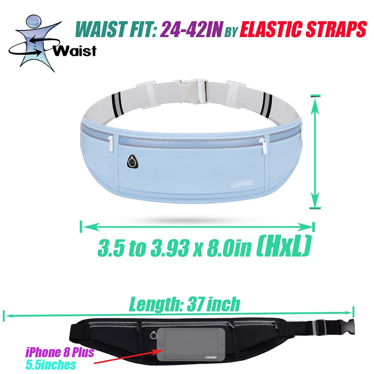 USHAKE Slim Running Belt, Workout Fanny Pack for Men Women,Exercise Waist Pack for Apple iPhone Holder, Runner Belt for Running Walking Cycling Camping Gym Black