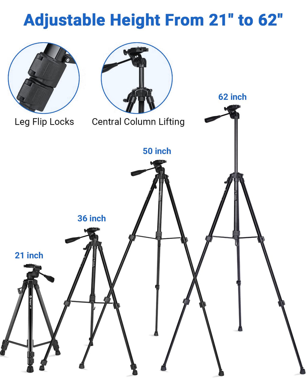 Fotopro 60" Camera Tripod, Carbon Fiber Travel Tripod with 360° Ball Head, Ultralight 2.1lbs, 22lbs Load, Quick Lock, Folds to 14.3" Carry-On, for DSLR Mirrorless Cameras, X-Aircross 3 Blue