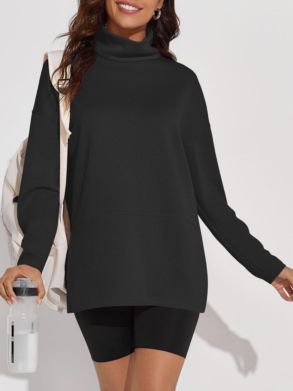Fisoew Women's Turtleneck Oversized Sweatshirt Casual Long Sleeve Loose Side Slit Pullovers Tunic Tops