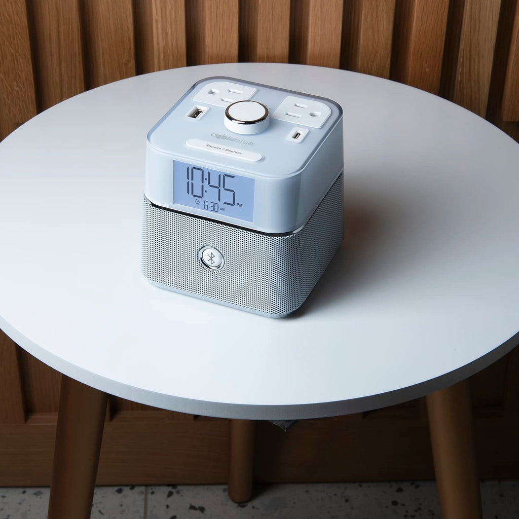 Brandstand | CubieBlue | User Friendly & Convenient Alarm Clock Charger | 2 USB Ports | 2 Tamper Resistant Sockets | Brandstand Bluetooth Speaker