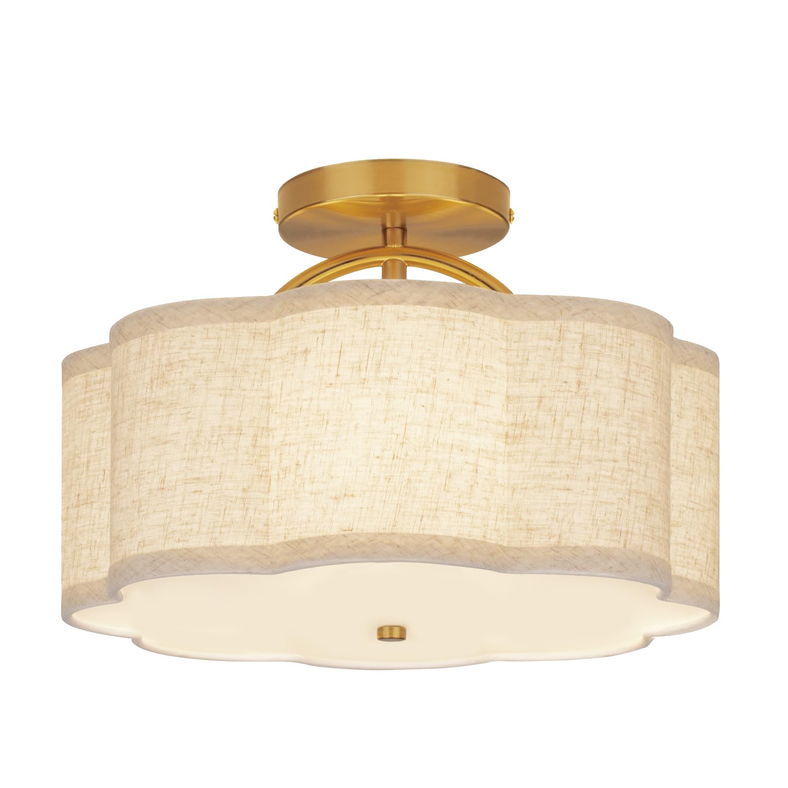 CALOKES Semi Flush Mount Ceiling Light, 11.8" Modern 3-Light Fixture with Petal-Shaped Cream White Fabric Shade and Golden Support Arm, Ideal for Bedroom, Kitchen, Living Room, Hallway, and Entryway