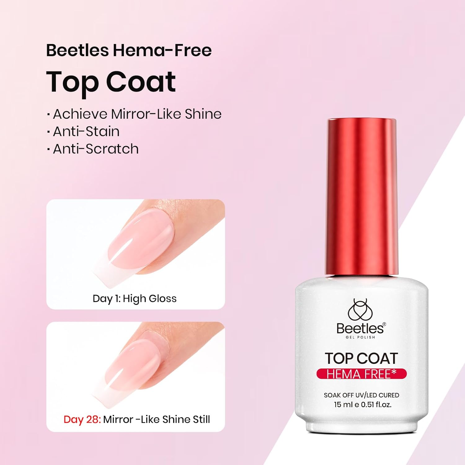 Beetles 2Pcs 15ml Gel Base and Top Coat Set - Upgrade No Wipe Extra Glossy Top Coat Finish for Gel Nail Polish, Soak Off UV/LED Lamp Needed, Essentials for Long-Lasting Manicure Kit