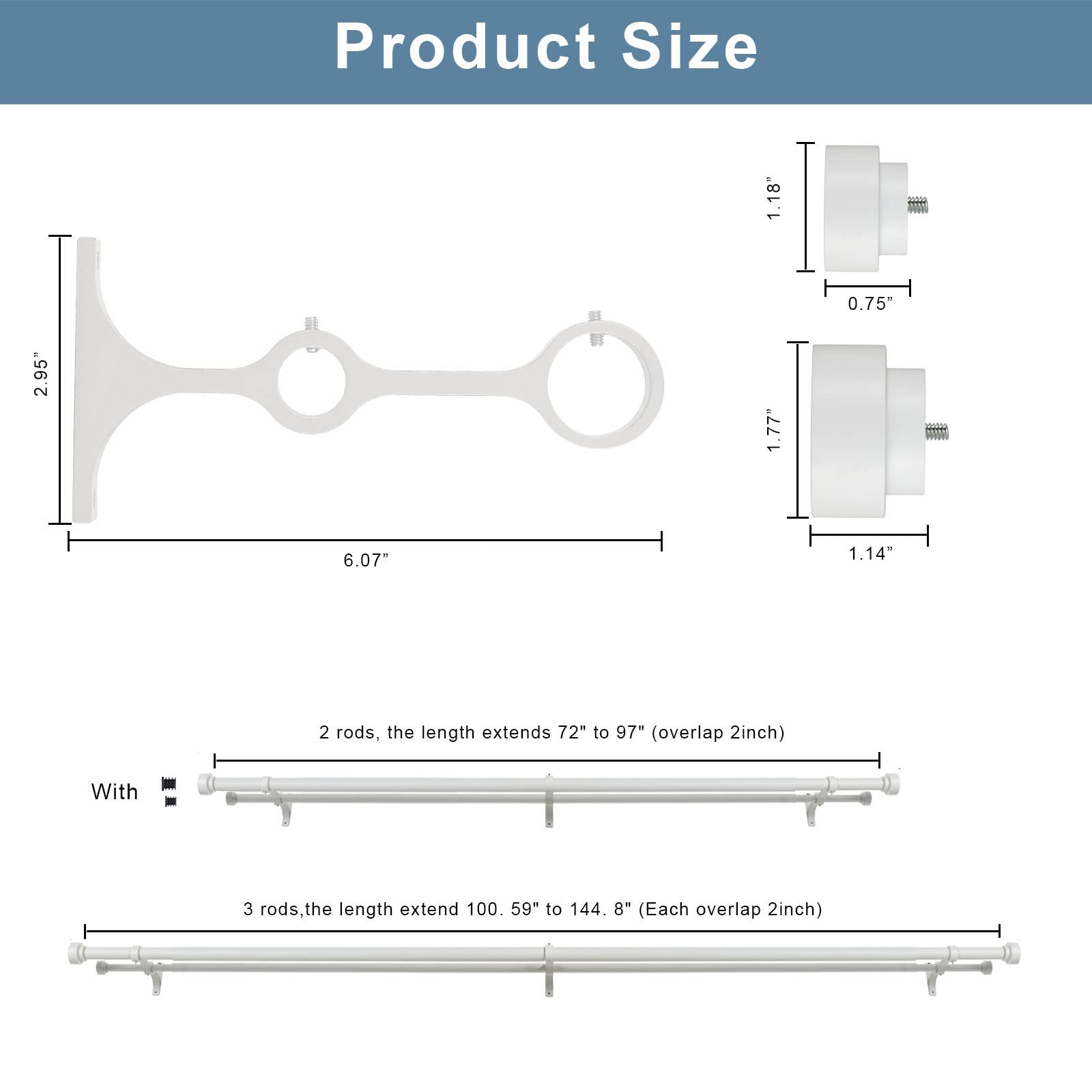 Heavy Duty Double Curtain Rods with Cylindrical Cap Finials - 36 to 72' Telescoping Rods, 1 Inch and 5/8 Inch Diameter, Light Gold