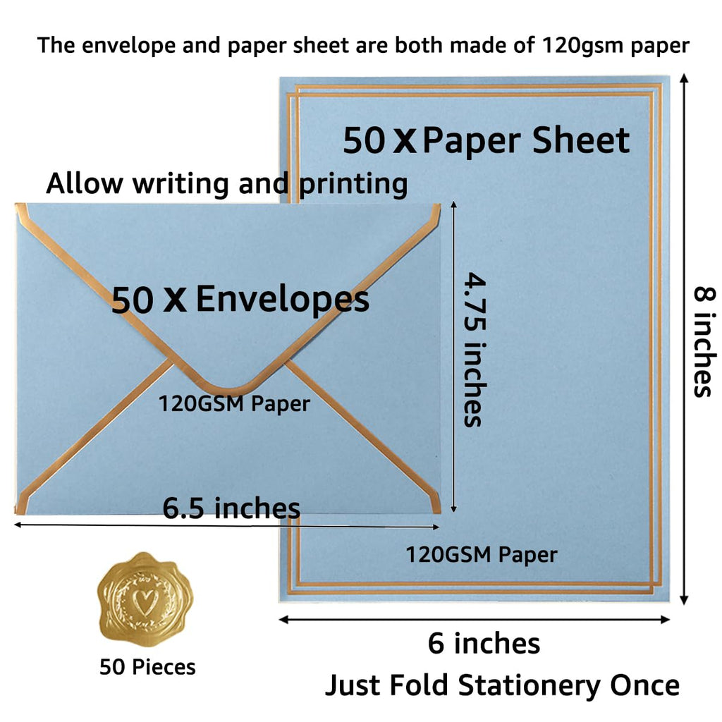 50 Pack Stationery Set with Envelopes, Cream Color, 8.5x11 Inches | Gold Border, #10 Business Envelopes and 8.5x11 Paper Sheets, Stickers for Letter Writing, Invitations