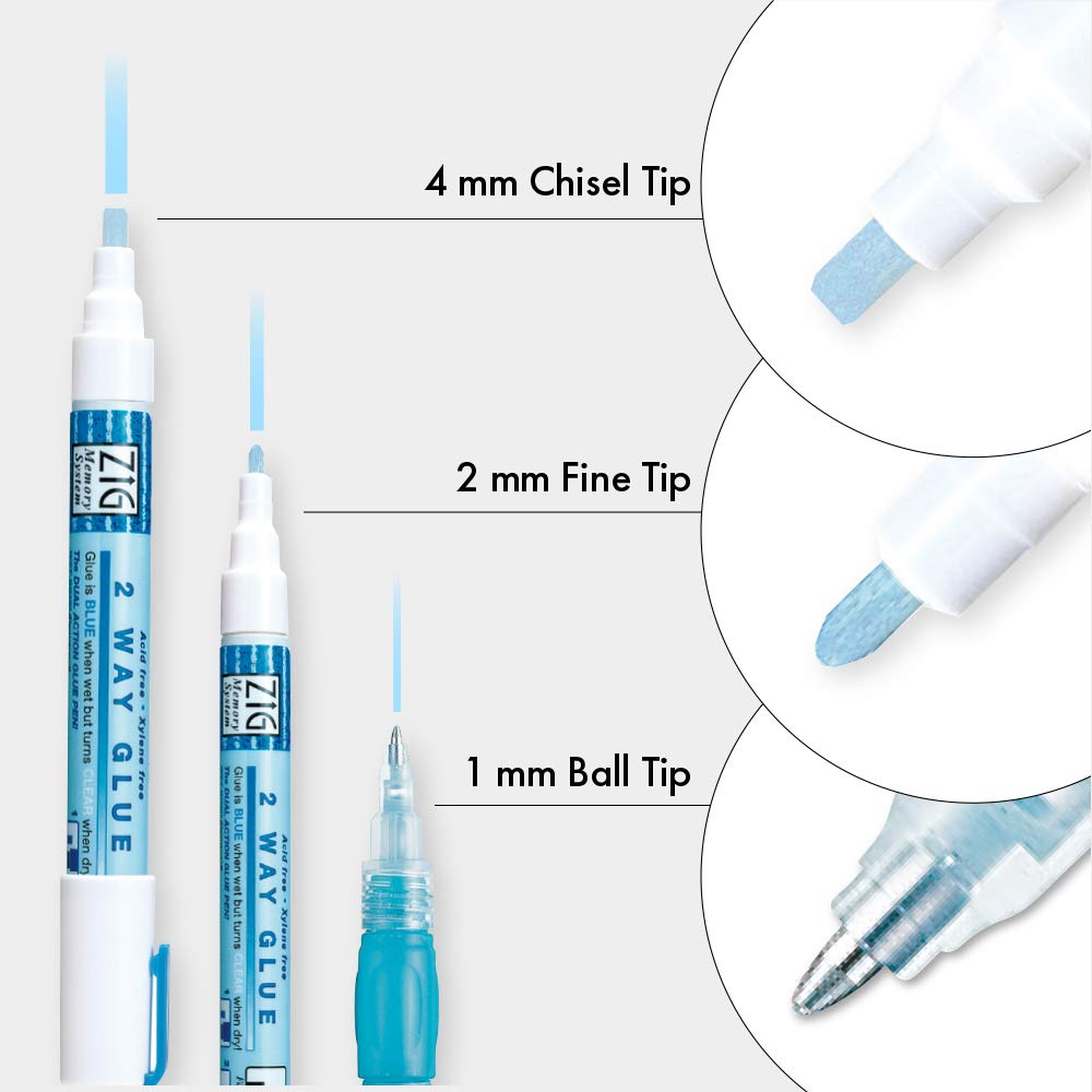 Kuretake Zig 2 Way Glue Pen 1mm Ball Tip 3 pcs Set, Adhesive for Professional,Artists, Crafting, Scrapbooking, Gift Card, Made in Japan