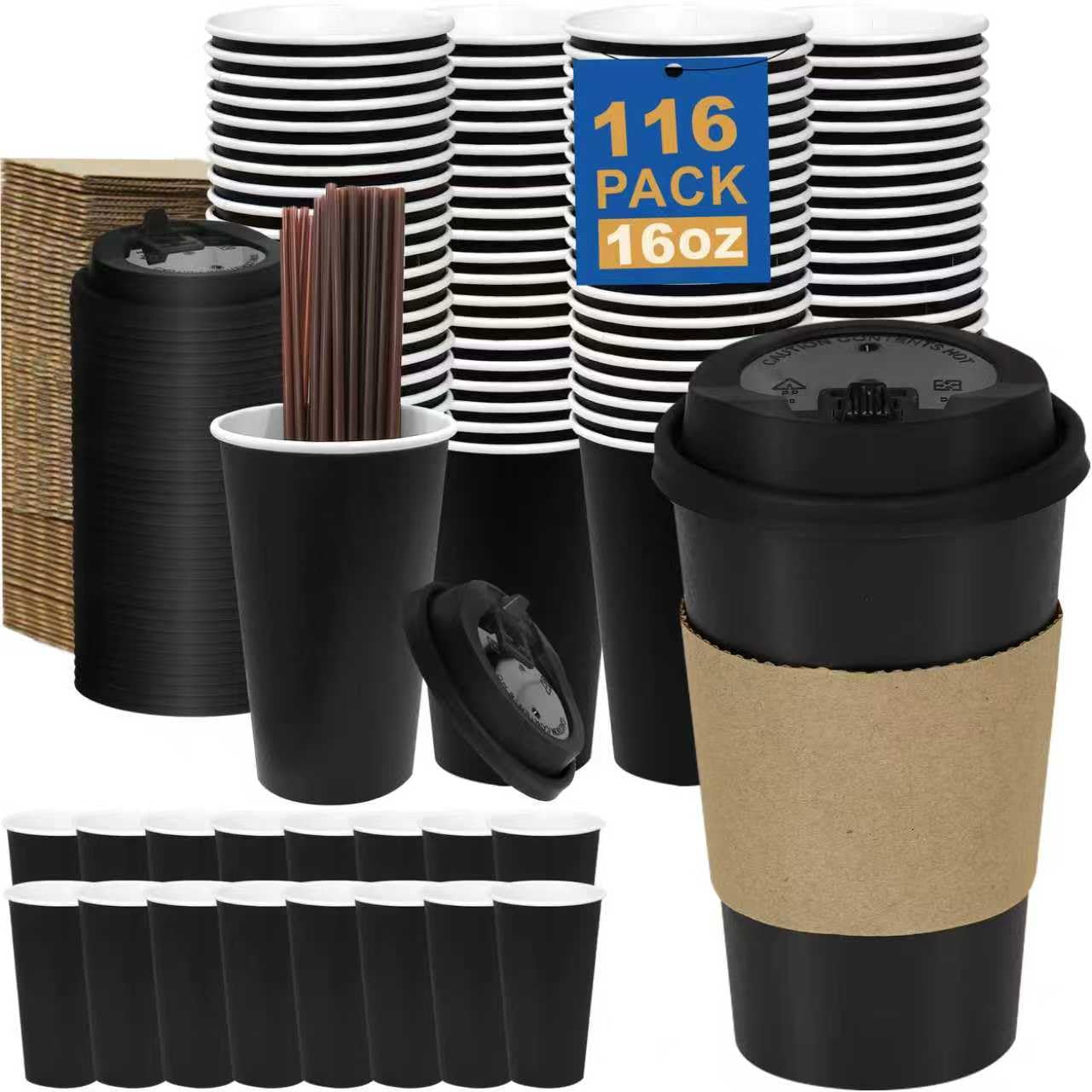 16 oz 100 Pack Corrugated Ripple Wall Disposable Coffee Cups with Lids and Straws, Heavy Duty Insulated Cups for Hot Beverage or Cold Drinks, Bulk for Restaurants, Offices, Coffee Shops(Black)