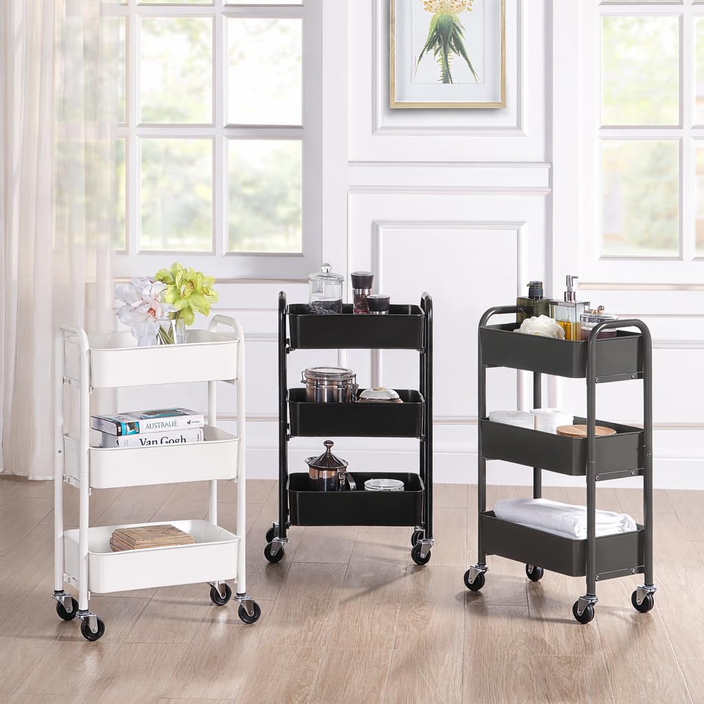 SunnyPoint 3-Tier Delicate Compact Rolling Metal Storage Organizer - Mobile Utility Cart Kitchen/Under Desk Cart with Caster Wheels - Army (15.35" X 10.24" X 26.8"H)