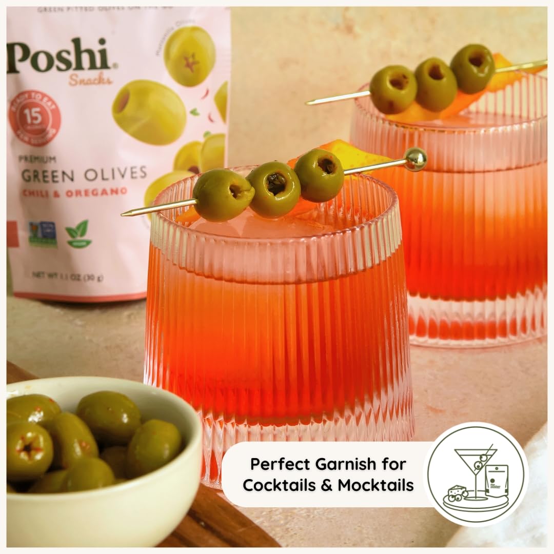 POSHI Green Pitted Olives - Basil & Garlic | Vegan, Kosher, Gluten Free + Keto Friendly, Fresh, Low Calorie Healthy Snacks | (30 Pack, 1.1oz Bags)
