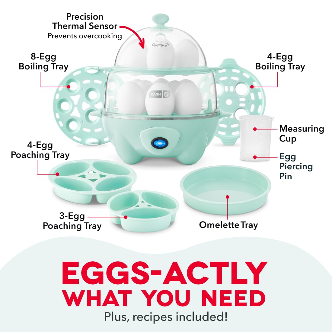 Dash Deluxe Egg Cooker - Boiler, Poacher & Steamer - Includes Measuring & Recipe Guide - Dishwasher Safe - BPA Free - Holds 12 Eggs, Aqua