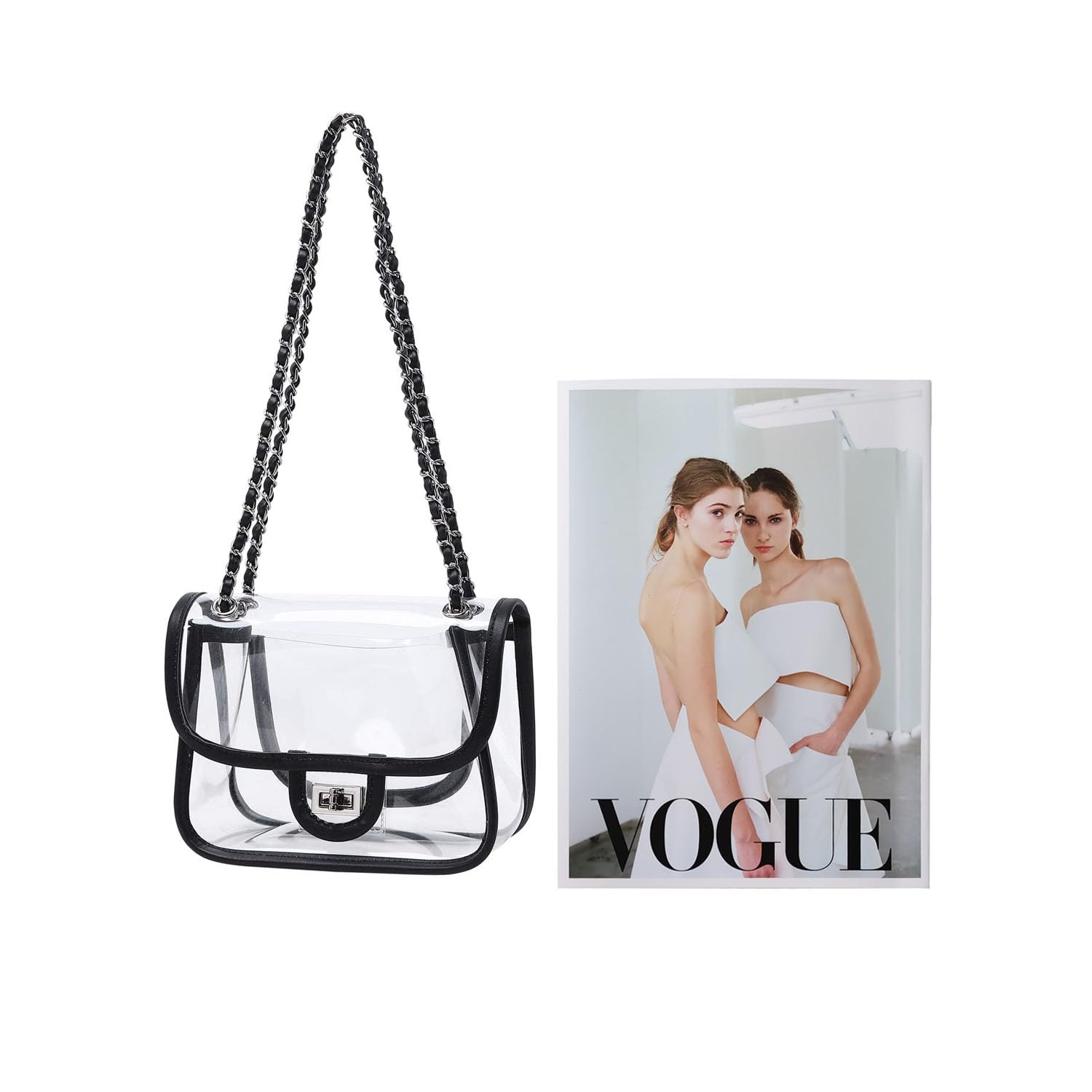 Womens PVC Clear Purse Handbag with Chain Stadium Approved Clear Bag See Through Bag for Working and Concert