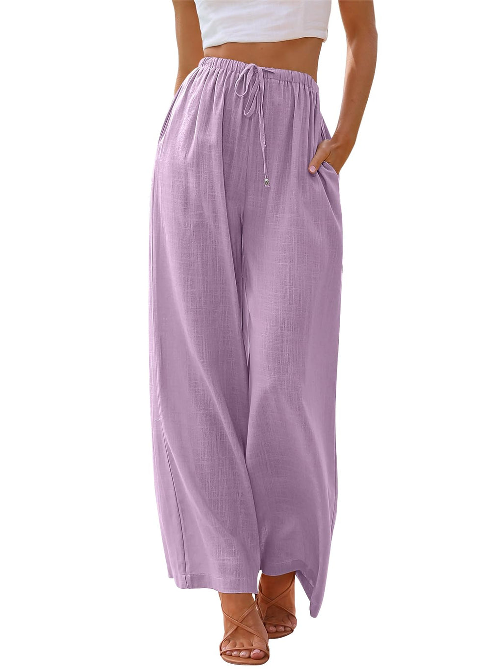 LILLUSORY Women's Linen Summer Palazzo Pants Flowy Wide Leg Beach Pants with Pockets