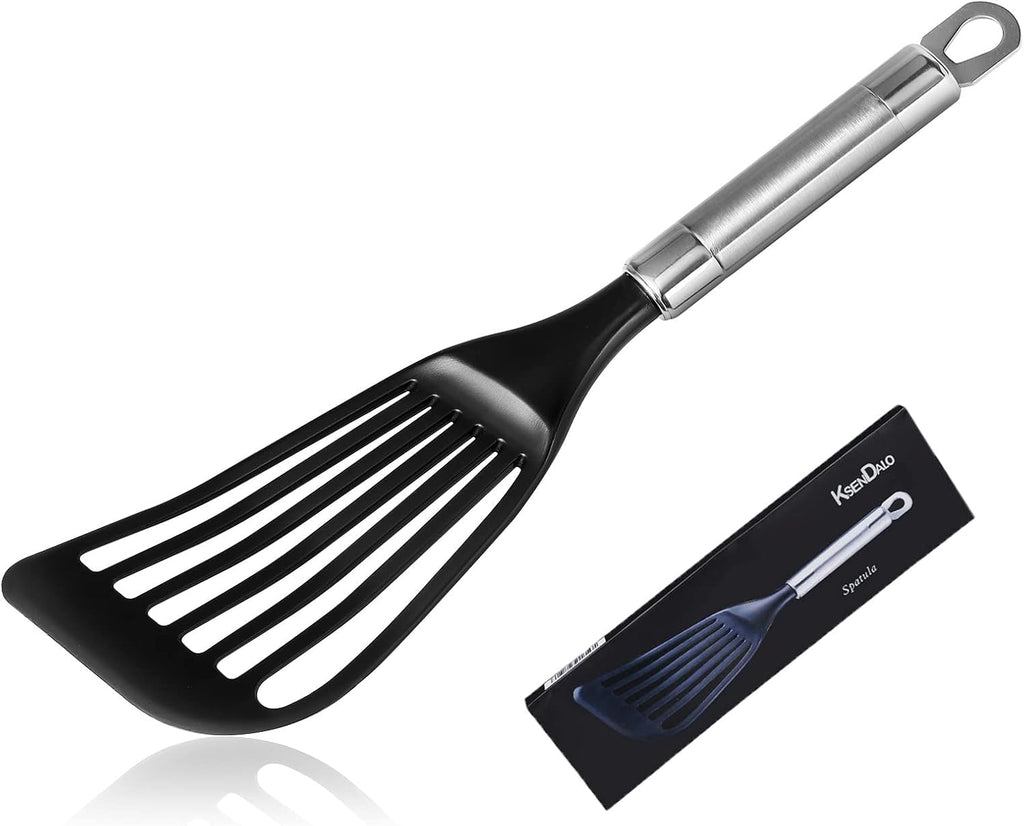 KSENDALO Thin Flexible Fish Spatula for Nonstick Cookware, Black | Egg Flipper Turner w/Hollow Steel Handle, Slotted Angled LFGB Complaint Nylon Blade, Dishwasher Safe, Silver Handle