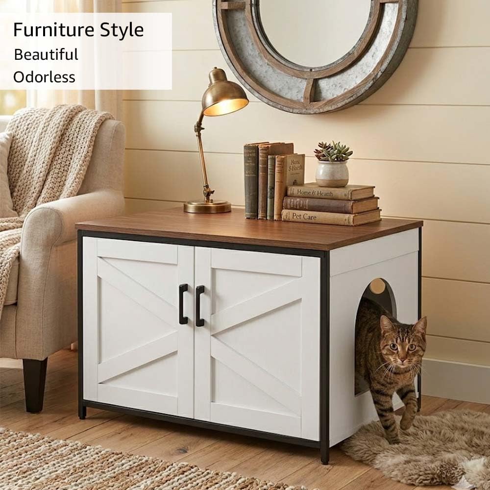 unipaws Extra Large Cat Litter Box Enclosure for Self-Cleaning & Automatic Litter Boxes, Tall Cabinet with Charging Station, Wooden Dog Proof Hidden Cat House for Top Entry Litter Box