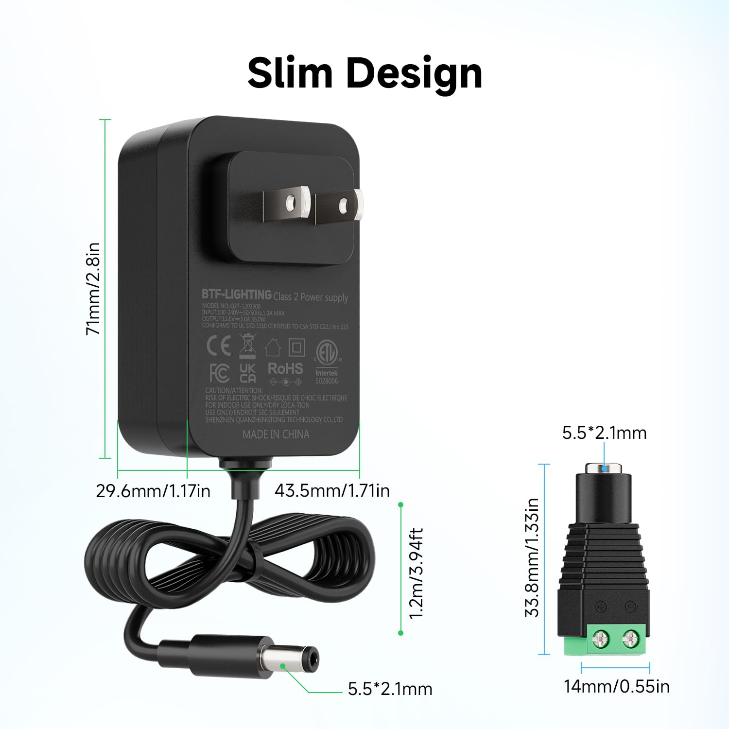 BTF-LIGHTING 12V 3A 36W Power Supply Adapter ETL Listed 100-240V AC to 12V DC Converter Class 2 Power Supply, 5.5x2.1mm Jack for Low Voltage LED Strip Lights, CCTV, Router, Electronics