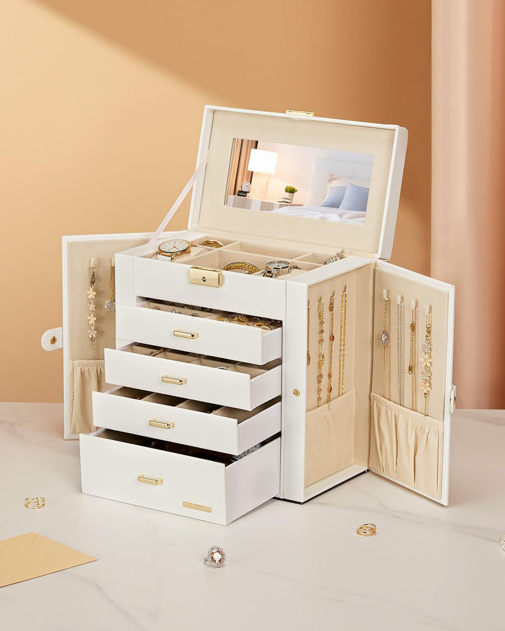 Homde Mothers Day Gifts Synthetic Leather Huge Jewelry Box Mirrored Watch Organizer Necklace Ring Earring Storage Lockable Gift Case (Black + Gold)