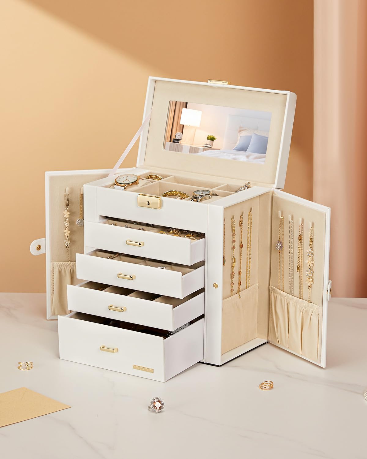 Homde Mothers Day Gifts Synthetic Leather Huge Jewelry Box Mirrored Watch Organizer Necklace Ring Earring Storage Lockable Gift Case (Black + Gold)