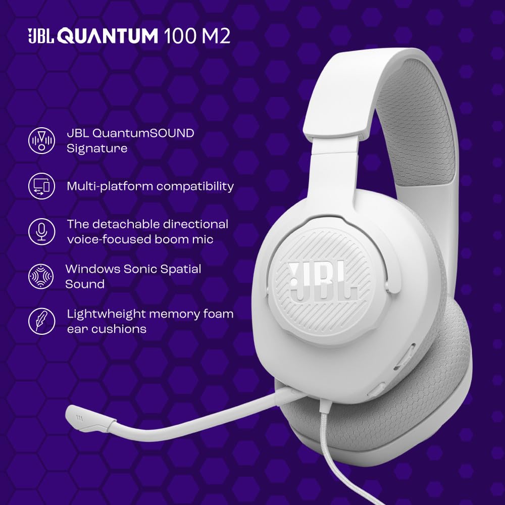 JBL Quantum 100M2 - Wired Over-Ear Gaming Headset with omnidirectional, Detachable mic with Mute Option and Fabric-Covered Memory Foam Ear Cushions, Compatible with All Platforms (Black)
