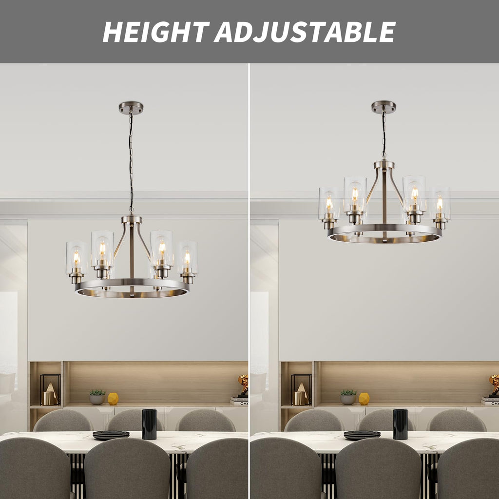 Lanhall 6-Light Modern Dining Room Light Fixture Brushed Nickel Kitchen Chandelier Ceiling Hanging Pendant Lighting with Glass Shade for Living Room Bedroom Entryway Adjustable Height Metal E26