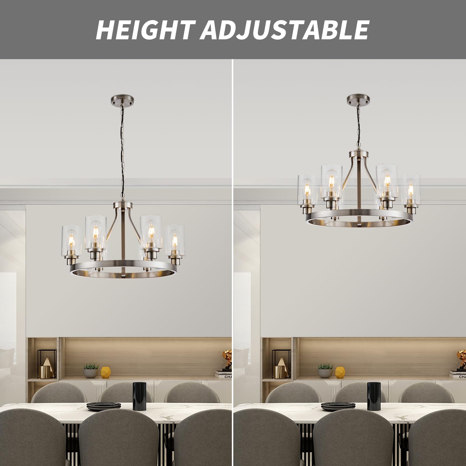 Lanhall 6-Light Modern Dining Room Light Fixture Brushed Nickel Kitchen Chandelier Ceiling Hanging Pendant Lighting with Glass Shade for Living Room Bedroom Entryway Adjustable Height Metal E26