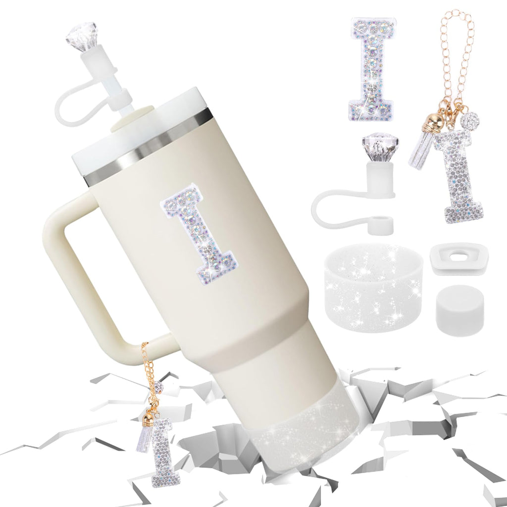 Mity rain Accessories Set for Stanley Cup, Initials Decorations for Tumbler Cup 30/40OZ, Including Diamond Straw Topper/Spill Proof Stopper/Sparkly Silicone Boot Set/Letter Charms for Handle A-Z (A-)